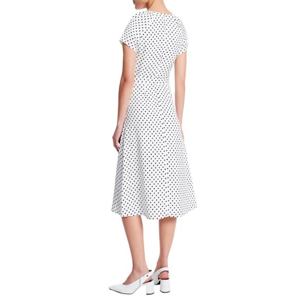 MARCS Polka Dot Dress Womens 10 White V-Neck Short Sleeve Midi Fit & Flare NEW - Picture 2 of 11